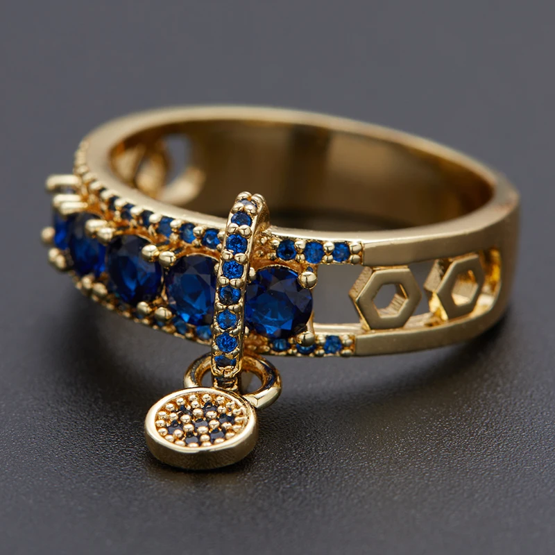 Vintage Royal Blue Stone Ring Yellow Gold Color Luxury Female Wedding Rings For Women Round Dangle Ring Engagement Jewelry Gifts