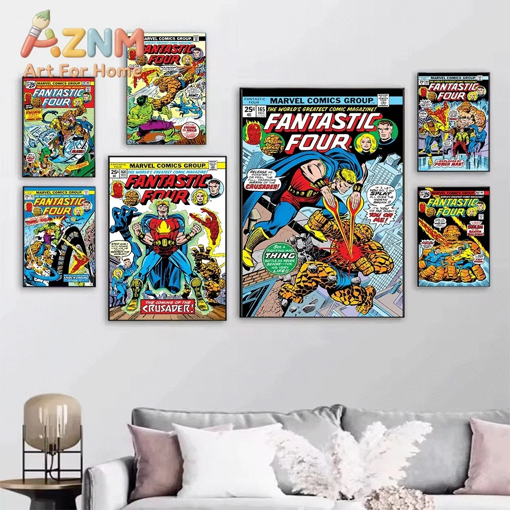 AZNM Fantastic Four The Thing Fights Alone Vintage Comic Cover Collage Canvas Wall Art Unframed Print, Superhero Poster for Be