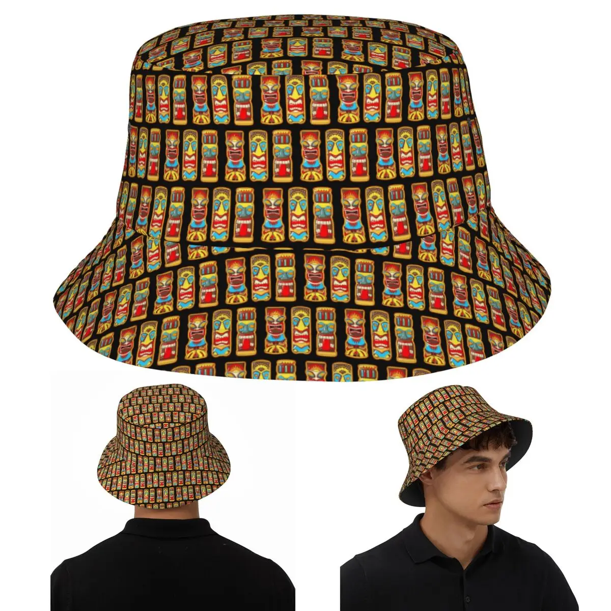 تيكي الآلهة الطواطم المعبود الرجعية الاستوائية البولينيزية قبعة بحافة بنما قبعة الأطفال بوب صياد القبعات الصيف قبعات الصيد للجنسين