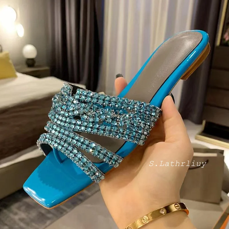 Summer Shiny Rhinestone Decor Flat Slippers Women's Square Toe Hallow Outs Casual Sandals Outdoor Vacation Beach Shoes 2024