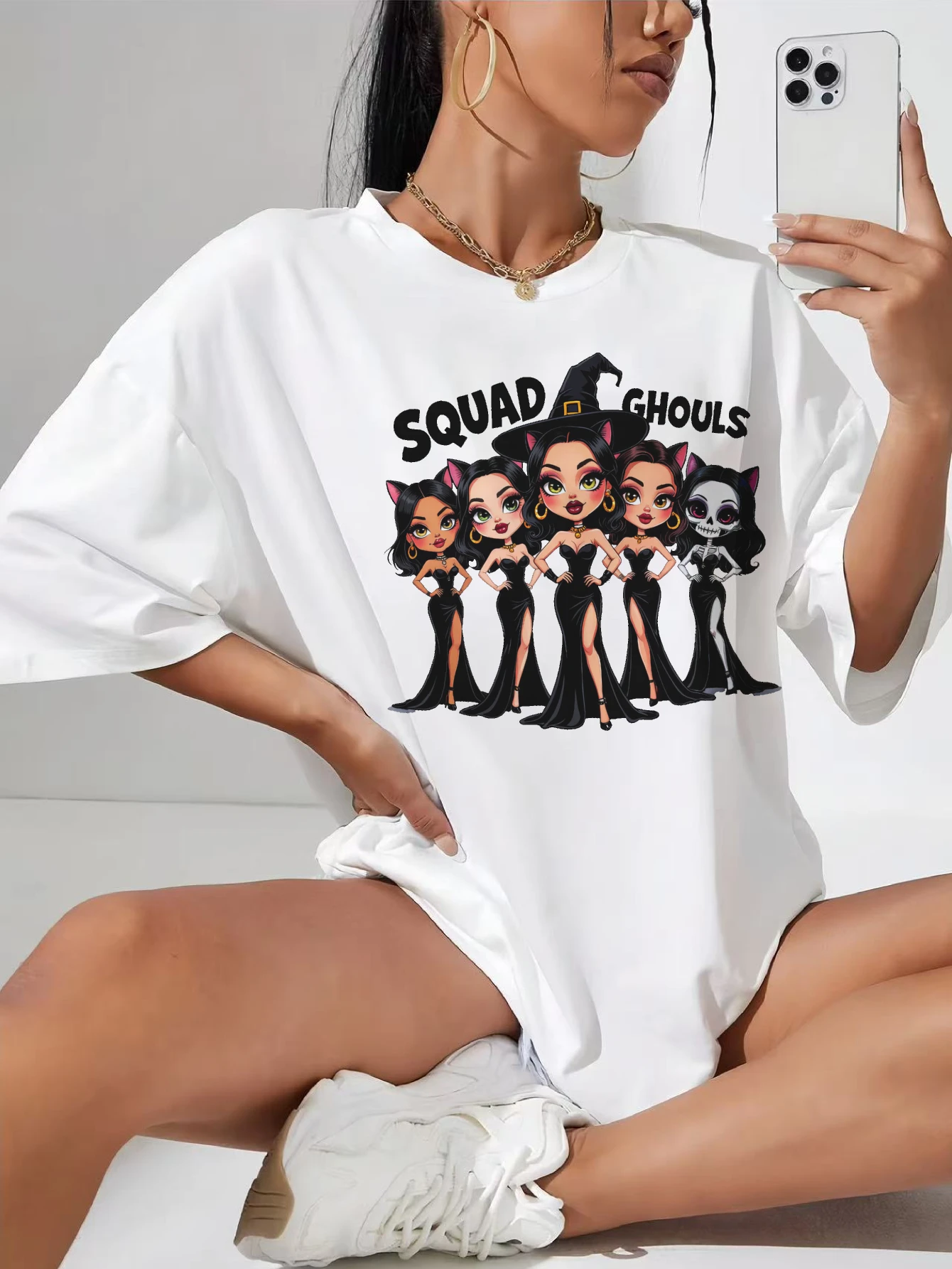 

Squad-Ghouls-Halloween-Girl-Gang White maternity T-shirt short sleeve crew neck with full bump space and ruched sides