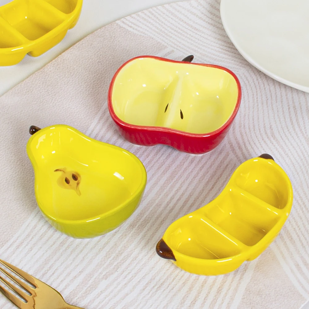 3Pcs Ceramic Fruit Shaped Sauce Dishes Cute Apple Pear Banana Divided Compartment Snack Sauce Bowl Dipping Kitchen Tableware