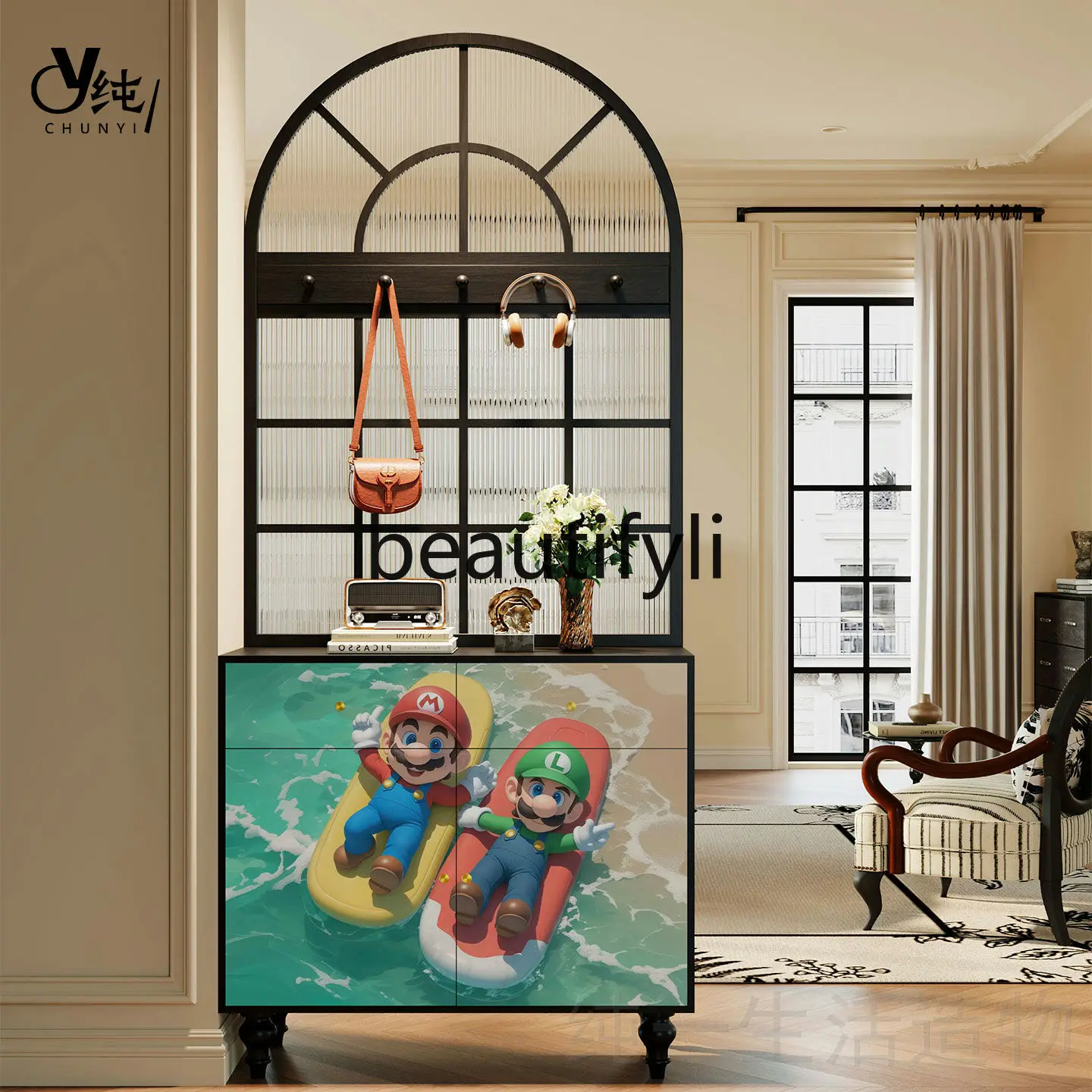 

French Style Screen Partition Living Room Changhong Glass Entryway Solid Wood Shoe Cabinet Storage Cabinet Integrated