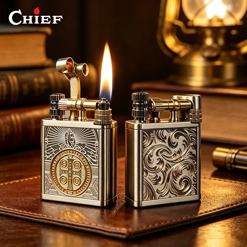 Chief 329 New Constantine Carved Kerosenes Lighter Classic Flip Cover Side Sliding Ignition Cigarette Accessories Men's Gift