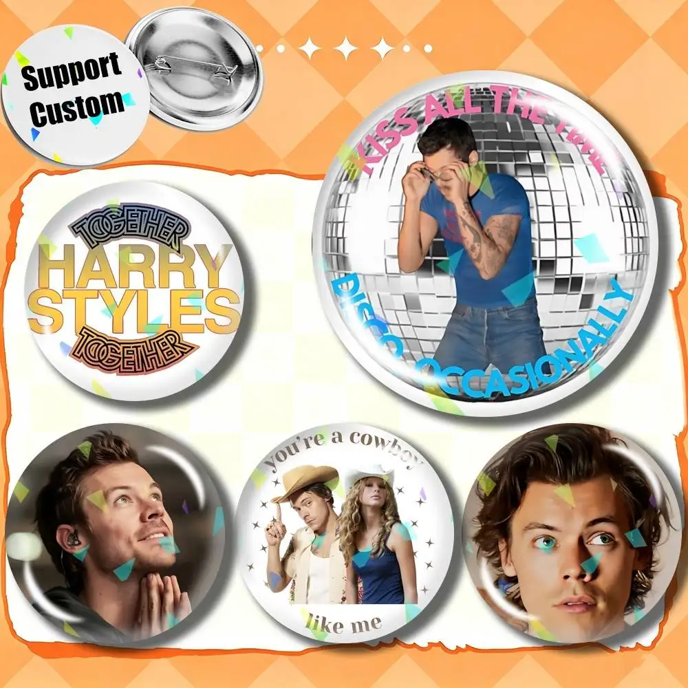 Hazza H-Harry S-Styles New Design Customizable Round Brooch Pins, Personalized Badges With Broken Glass Design Fashion Accessory