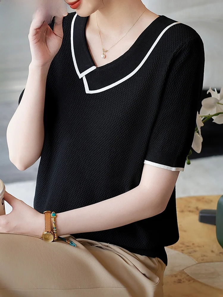 

Ice Silk Knitted ort Sve T-irt Women's Faionable Summer Top Loose Fit V-Ne Polyester Blend Comfortable Mom Clothes