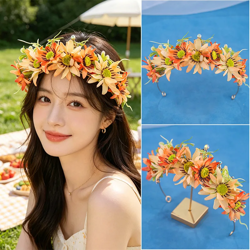 Orange Crown Headband with Simulated Flowers Forest Style Hair Hoop Photo Prop Hair Accessory for Women and Girls