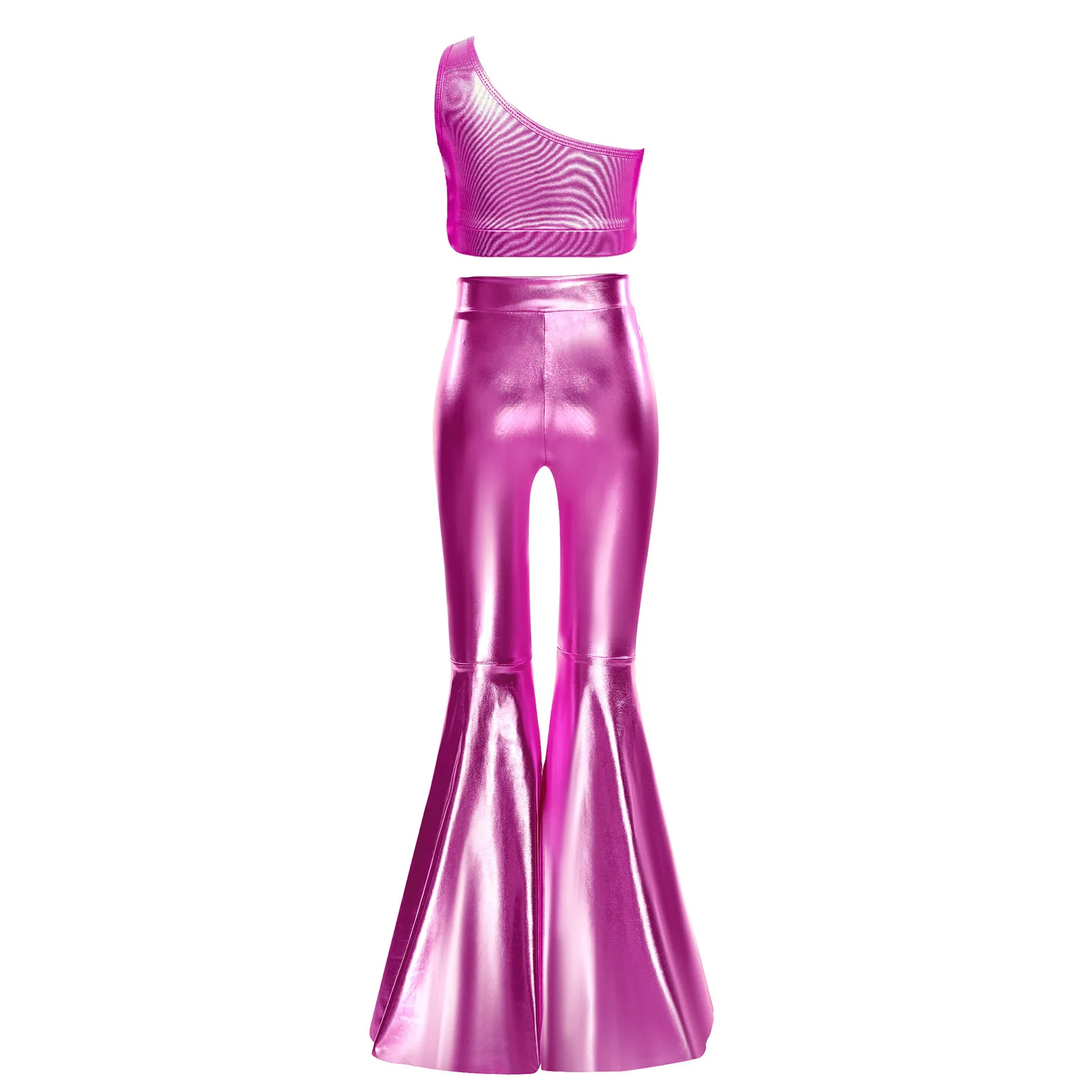 キッズ光沢のあるスパンコールコスチュームノースリーブクロップトップ-ベルボトムメタリックパンツスーツ女の子60年代70年代ディスコダンスパフォーマンス衣装