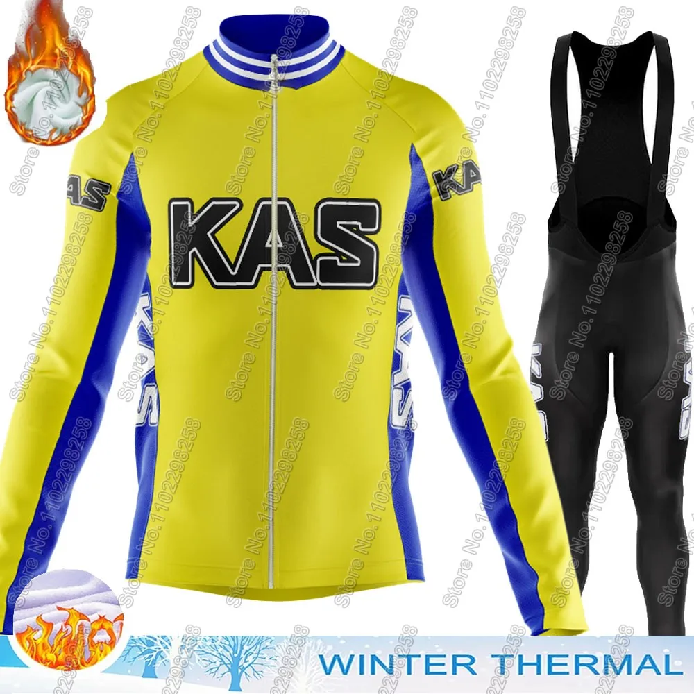 Winter Kas Retro Team 2025 Cycling Jersey Set Mens Cycling Clothing Long Sleeve MTB Bike Road Pants Bib Maillot Culotte