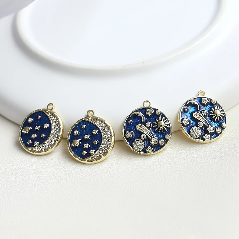 1pcs Romantic Starry Blue Moon Planet Inlaid Zirconium Alloy Round Pendant Diy Handmade Earrings Necklace Keychain Accessories