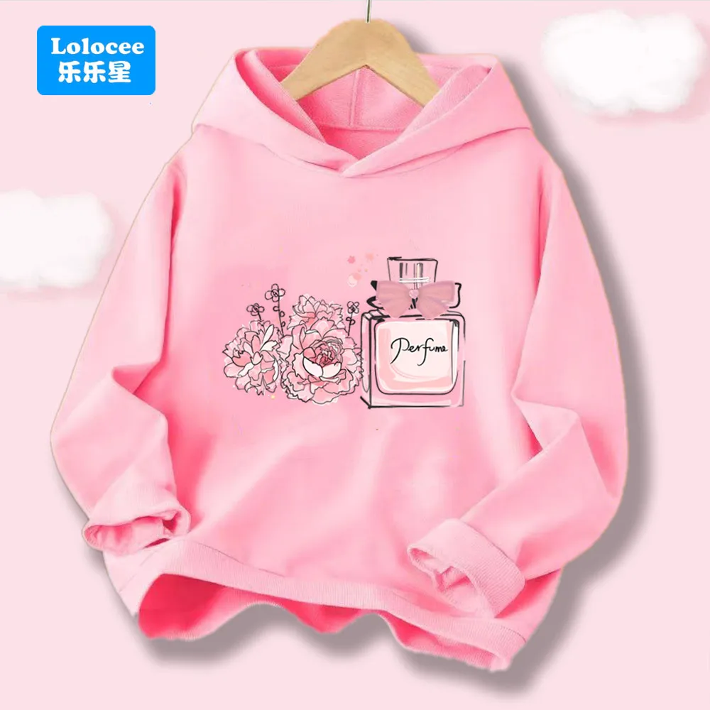 Modischer Kapuzenpullover mit Blumen- und Parfümflaschen-Aufdruck für Mädchen, süßes und bequemes Kinder-Pullover-Kapuzenpullover XSP1