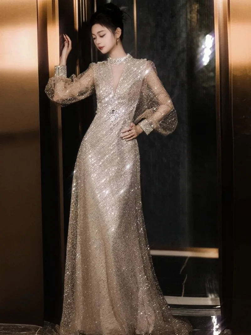 

Gorgeous Khaki Sequin Prom Dress Long Sleeve Slim A-Line Open Back V-Neck Special Occasion Party Evening Dress New 2025