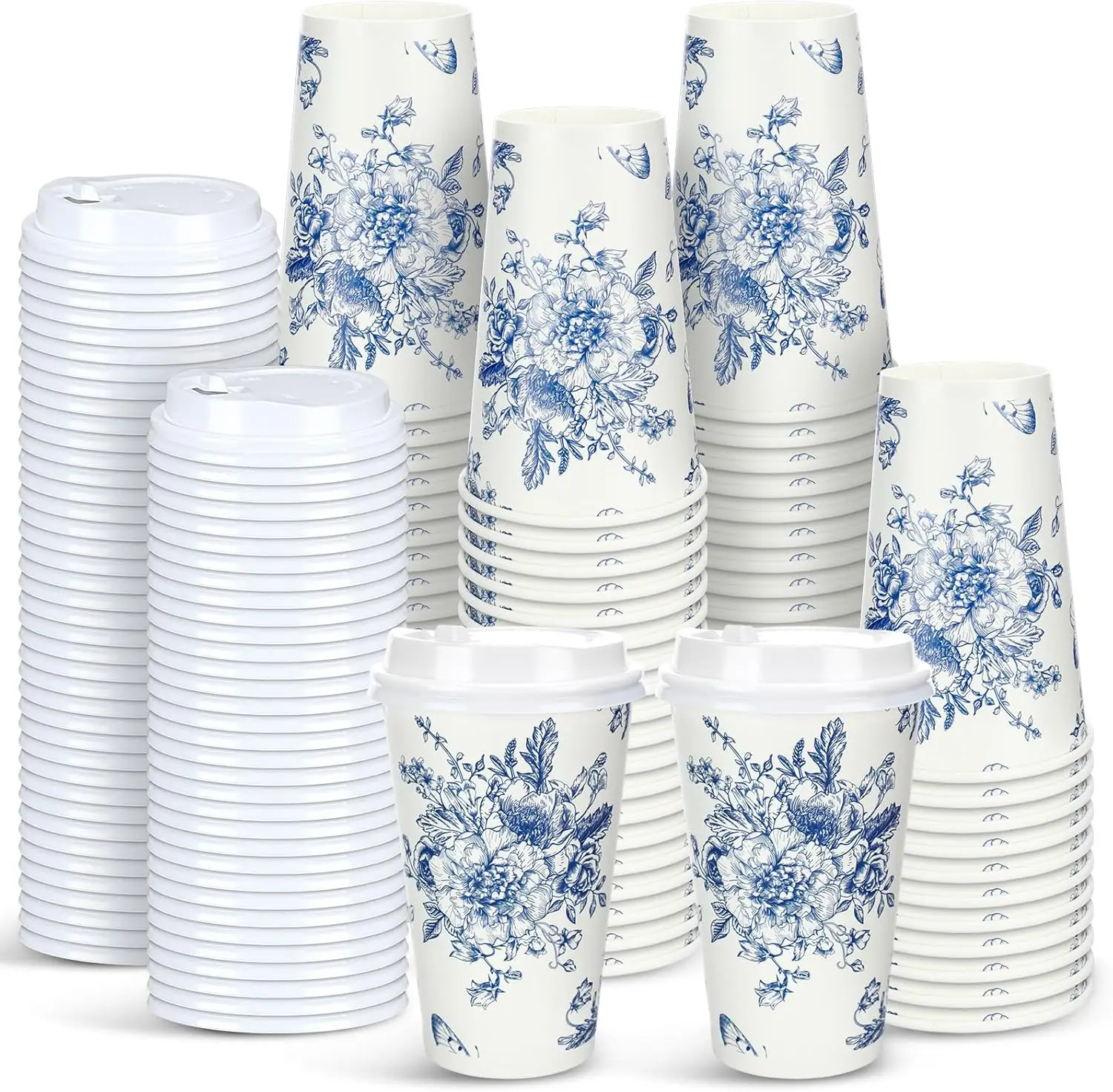 

96 Pcs Winter Blue and White Flower Disposable Coffee Cups with Lids 16 oz Chinoiserie Floral Pattern Paper Cups for Bir