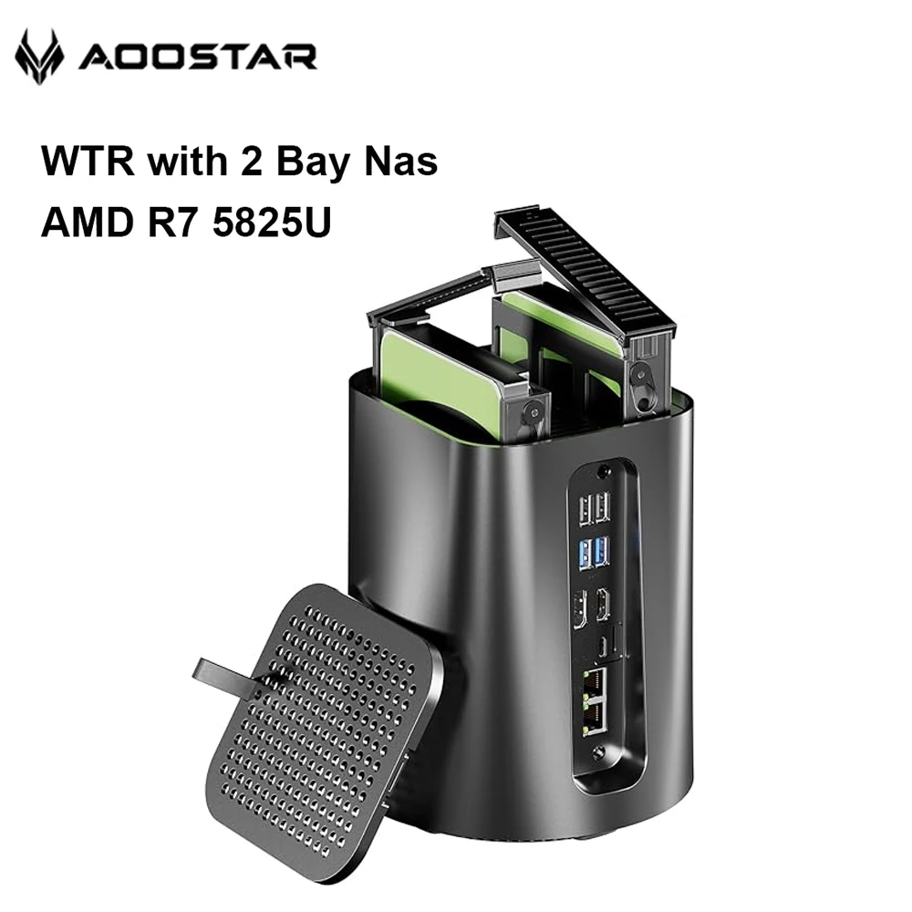 AOOSTAR WTR R7 5825U Mini PC NAS de 2 baias Ryzen 2x 2,5/3,5 polegadas HDD RAID 8 núcleos WiFi6 Dual 2.5G LAN Virtualisização/4K para PC/tablet