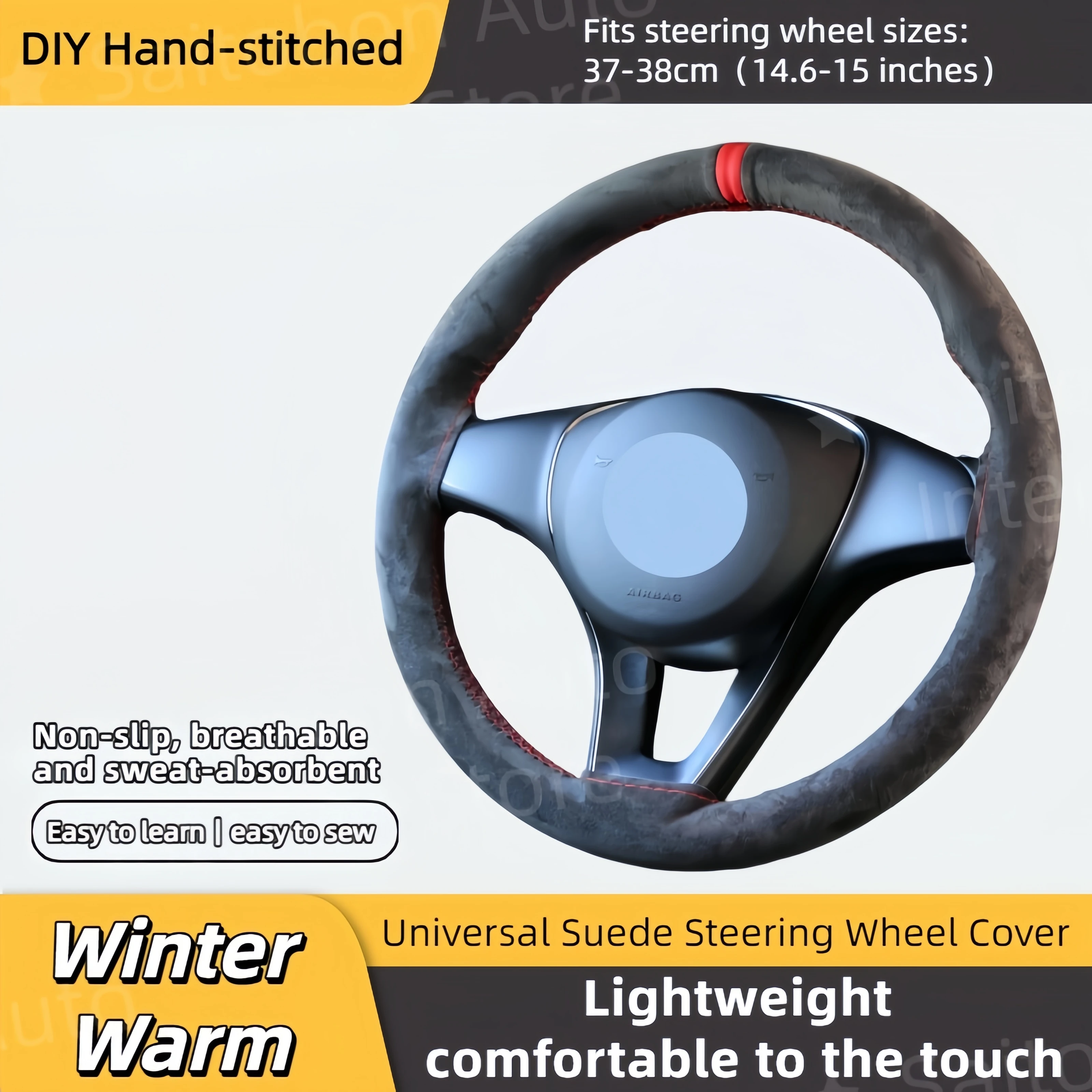 Fits 37-38cm Universal Suede Car Steering Wheel Cover With Logo , DIY Hand Sew Soft Leather Winter Warm Steering Wheel Cover