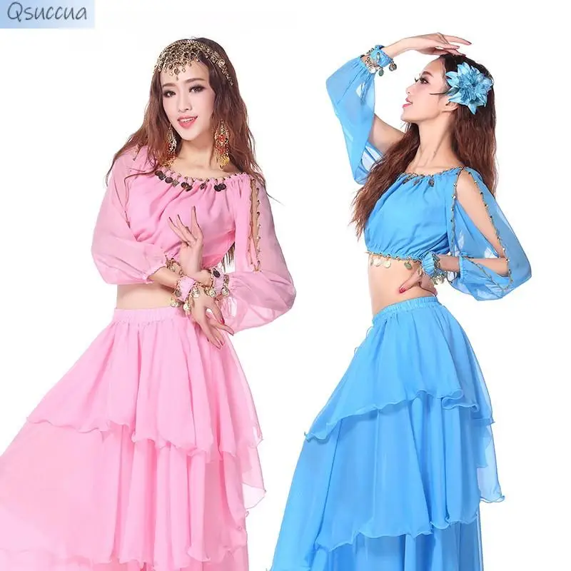 New Belly Dance Suit Lantern Long-Sleeved Cake Skirt Set Indian Dance Performance Practice Costume