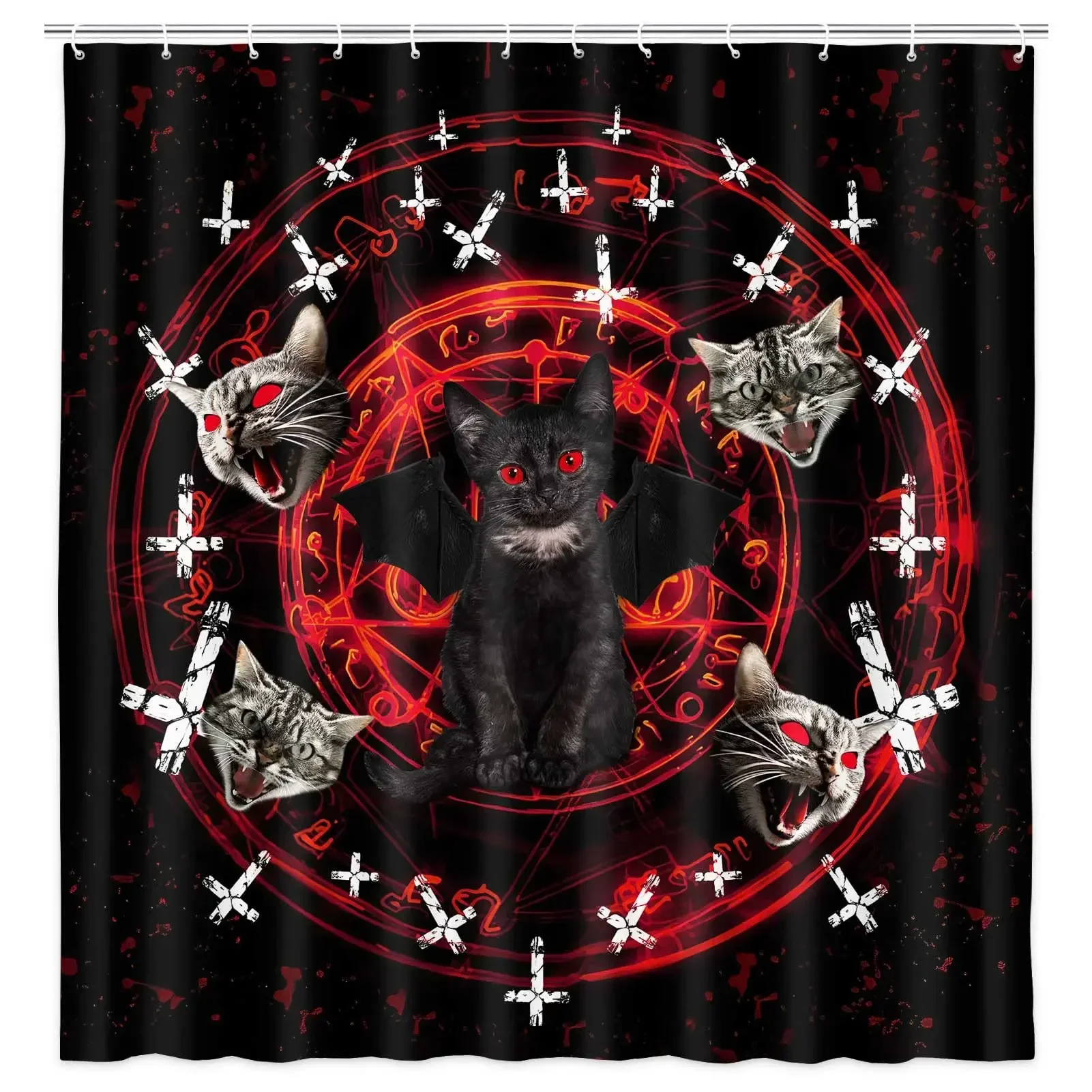 Satanic Cat Shower Curtain,Gothic Satanic Cat Pentagram Death Black Metal Waterproof Polyester Bathroom Curtains Set with Hooks