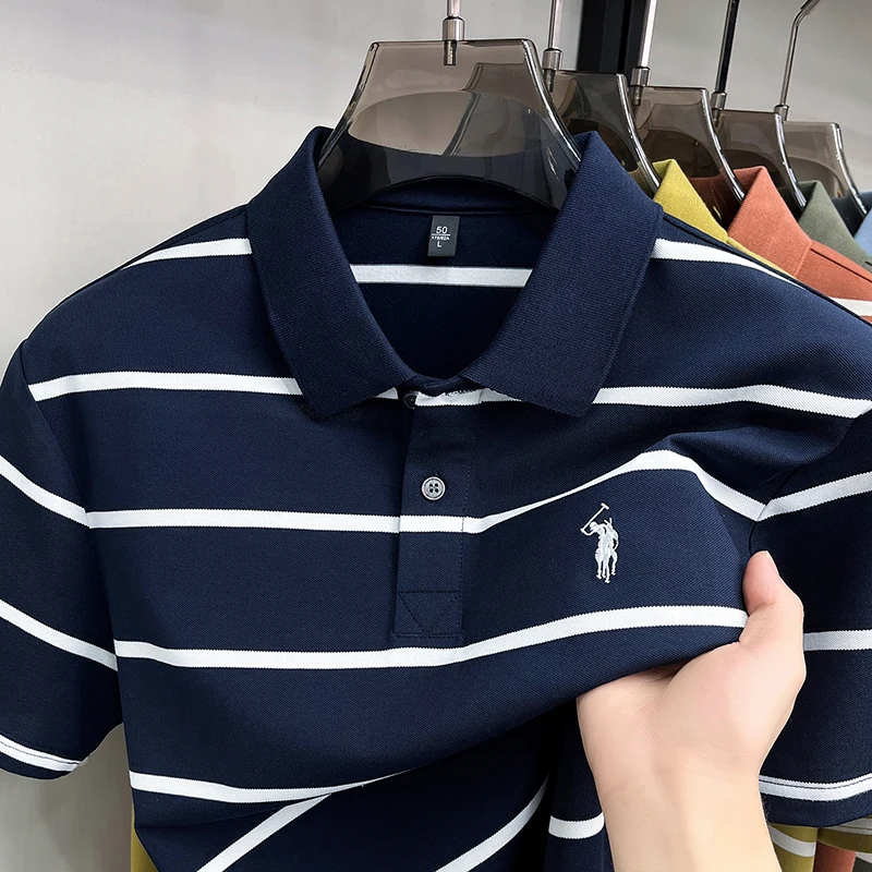 Designer brand pony embroidered short sleeve polo shirt men's fashion stripes summer new breathable casual golf luxury T-shirt