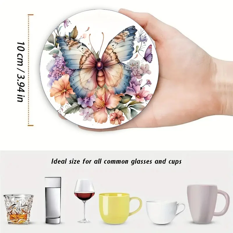 4 Butterfly Printed Coasters, Suitable for Daily Family Party Decoration, Kitchen, Non-Slip Wooden Coasters, Holiday Gifts