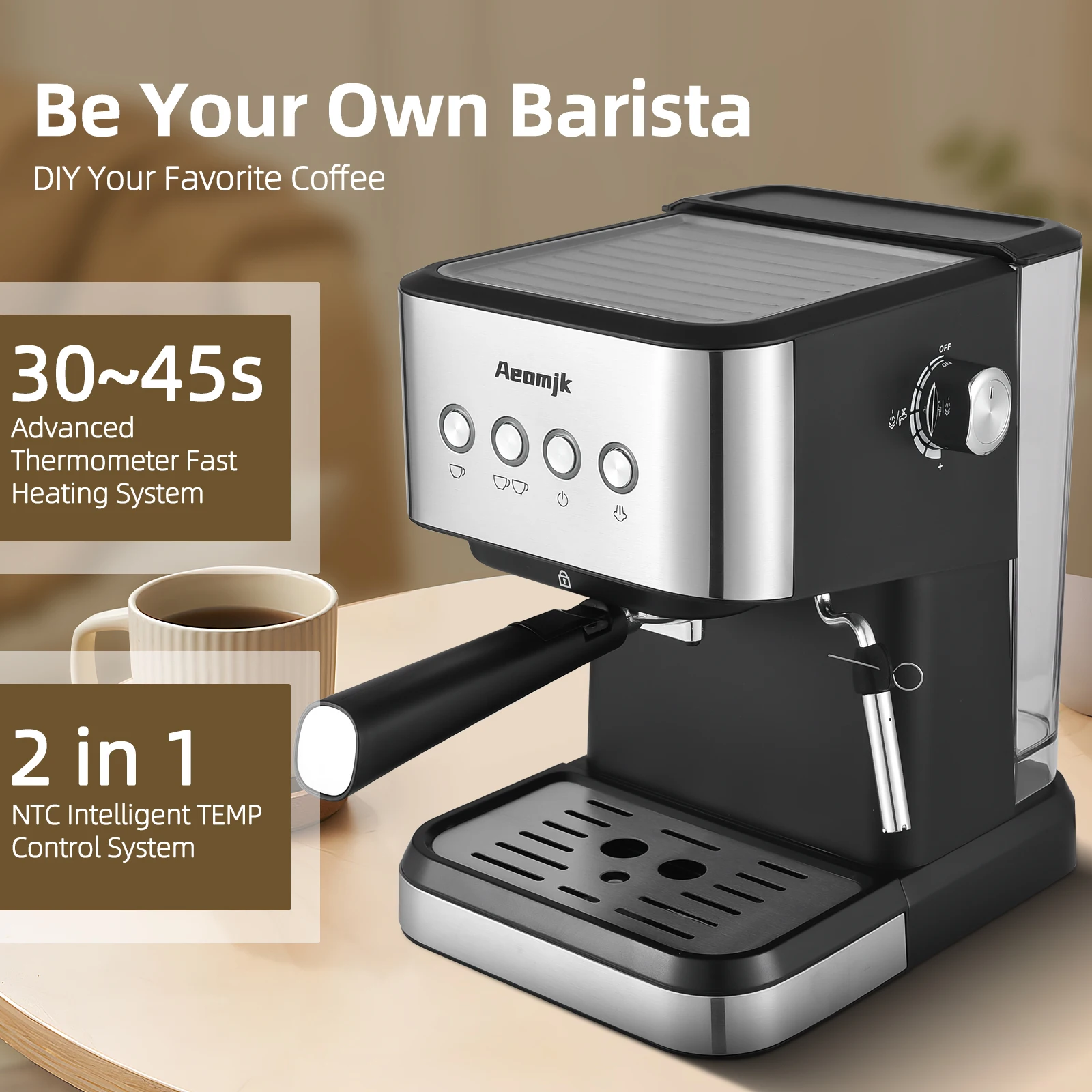 15 Bar Espressomaschine 1050 W halbautomatische Kaffeemaschine Aufschäumer Dampfstab/1,5 l Wassertank/Kaffee-Siebträger/Tragefilter