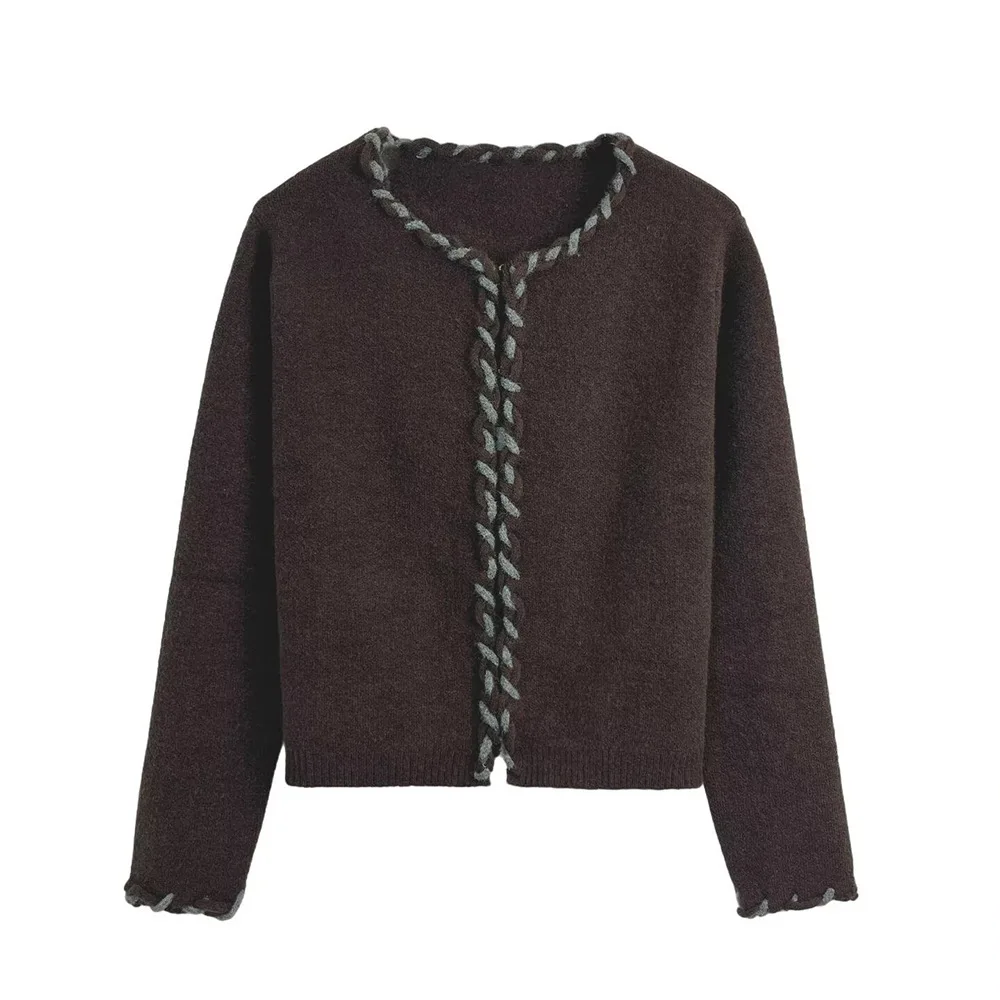 

Woman's Casual Knitted Cardigan Lazy Style Concealed Button Long Sleeve Contrasting Colors Sweater Versatile Autumn New Chic Top