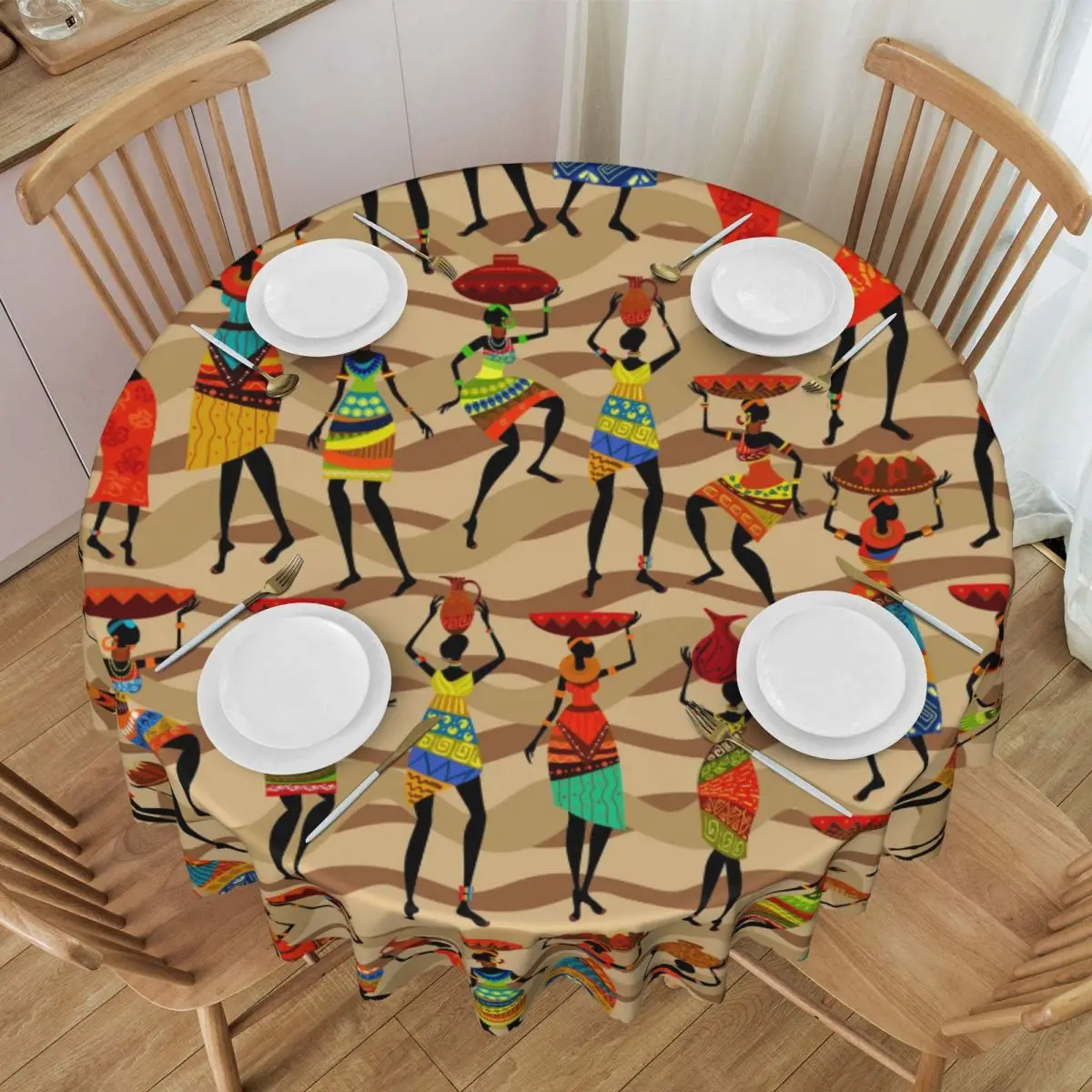 Custom Round Exotic African Woman Dance Tablecloth 60 inches Kitchen Dinning Table Cloth Spillproof Table Cover