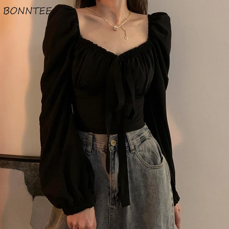 T-shirts Women Puff Sleeve New Korean Style Crop Top Female Summer All-match Daily Streetwear Stylish Square Collar Popular Ins