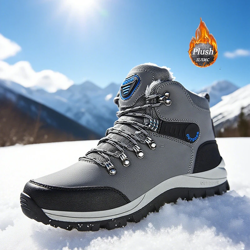 Men's Winter Snow Boots High Top Waterproof Sneakers Warm Plush Climbing Boots Plush Leisure Multi-Function Mountaineering Shoes