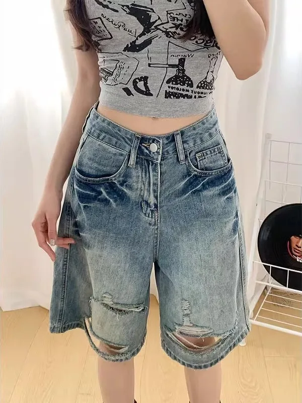 

High Waist Vintage Ripped Straight Leg Jeans Women's Summer New Loose plus Size Slimming Wide Leg Five-Quarter Jeans