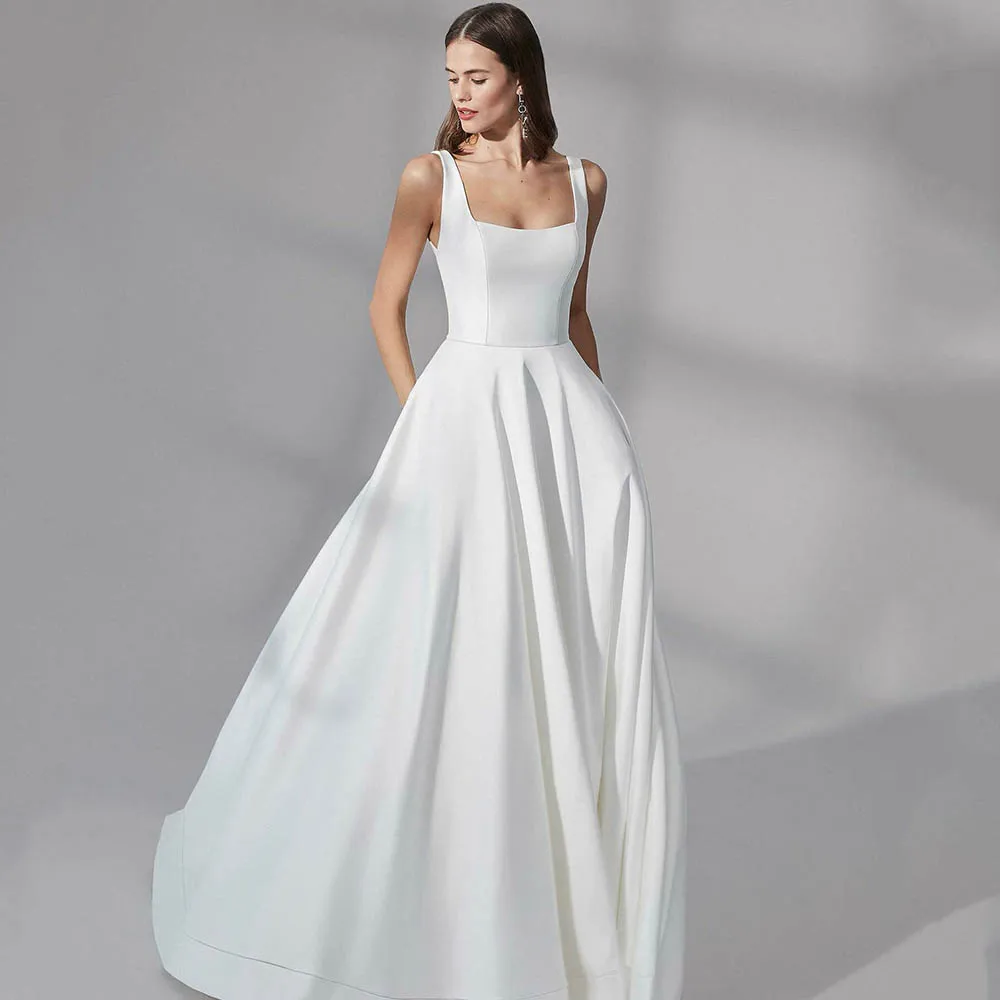 

Customized Wedding Dress 2025 Square Neck Sleeveless Pockets Backless Buttons Elegant Bride Gown Long Train Bridal Dress