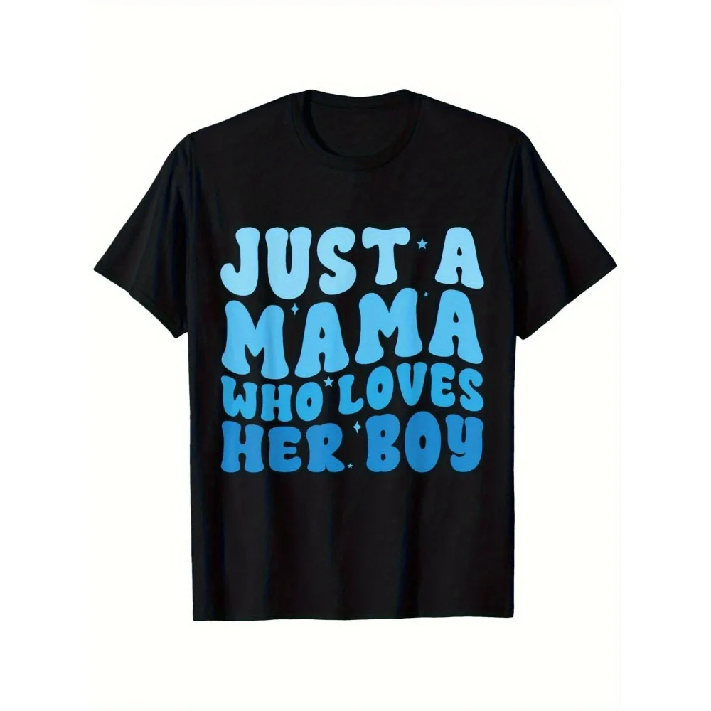 

Just A Mama Who Loves Her Boy Matching Mothers Day T-Shirt - 846% Casual Short Sleeve Round Neck Tee, Black with Blue Print,
