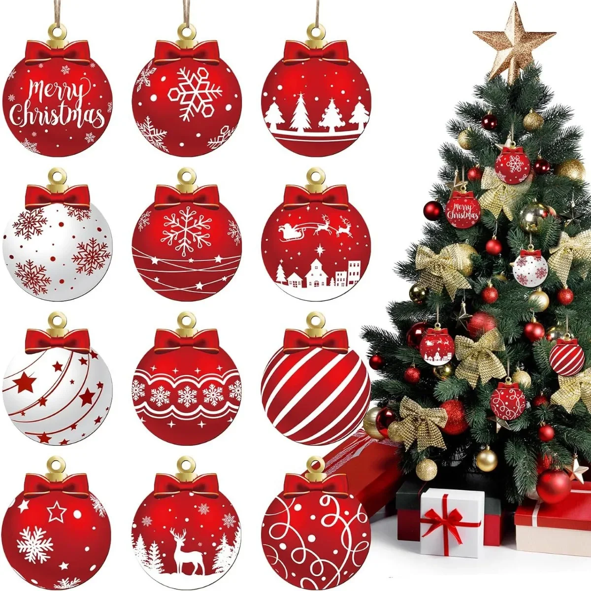 Hot 24PCS /Set Christmas Ball Pendant, Wooden Pendant Christmas Decoration, Christmas Party Yard Decoration Set