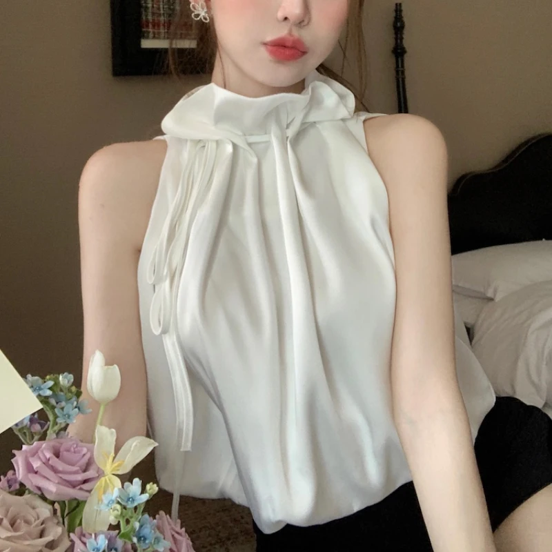 Sexy Sleeveless Vest Summer 2023 Fashion Satin Tank Tops Women Drawstring Flower Bud Collar Chic Tanks Solid Women Clothes 26811