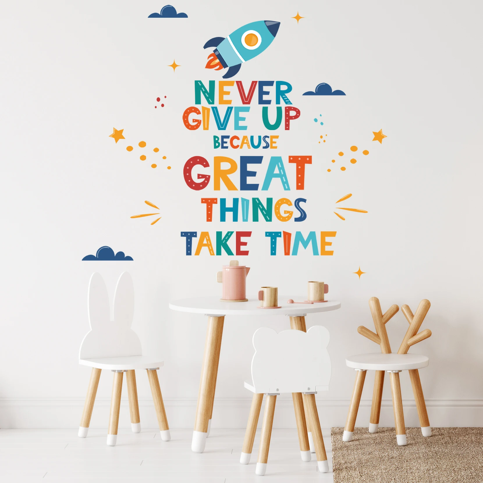Colorful Inspirational Quote Wall Sticker Never Give Up Rocket Cloud Wall Decal for Office Study Bedroom Wall Background Decor