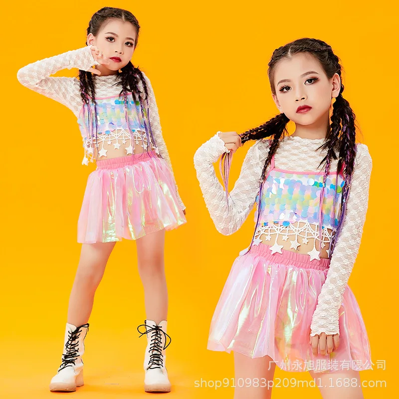 

Pink Jazz Dance Costume Girl Women Sequins Long Sleeve Top Vest Pleated Skirt Kpop Stage Outfit 2025 New Party Rave Clothes Show