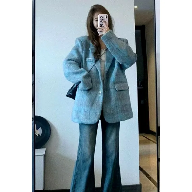 Insozkdg Vintage Contrast Plaid Wool Blazer Women Female Office Lady Autumn/Winter New High-Class Loose Elegant Outerwear Coat