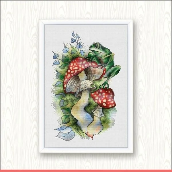 Embroidery Cross Stitch Kits Craft DIY Needlework Cotton Canvas 8-Little Frog on Mushroom 23-31 32CT 28CT Metallic aida