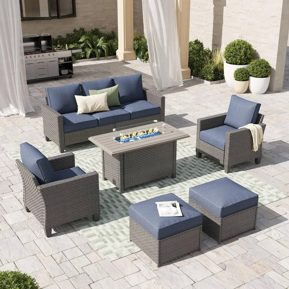 

Outdoor Patio Furniture Set with Fire Pit Table 6 Piece Wicker Conversation Set with 43in Propane Firepit Sectional Dining Set