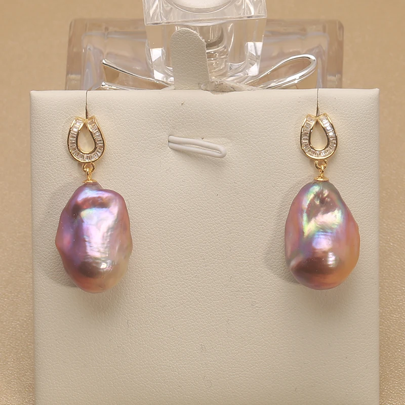 100% Natural Freshwater Baroque Pearl Earrings - Dazzling Gold and Purple Sterling Silver 925 Women's Gift (15-23mm) PEARL EAX