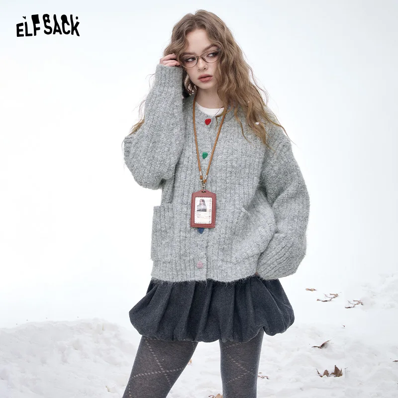 ELFSACK 2025 invierno nuevas llegadas Casual lindo Preppy colorido botón cuello redondo suéter para mujer