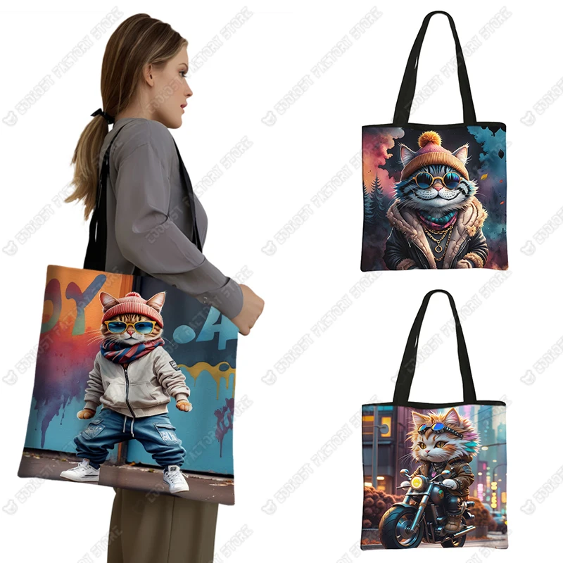 

Hip Pop Cat Pattern Women Shopping Bag Cool Cat Riding Motorcycle/ Dangcing / Playing The Guitar Shoulder Bags Totes Shopper Bag
