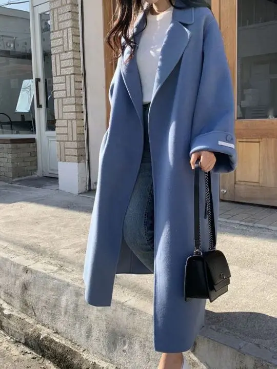 

Ele Chic оверсайз шерстяное пальто длиной до колена женская зимняя утягивающая верхняя одежда с поясом для поездок на работу Sle Pure Color Faion