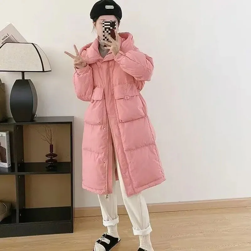 Moda para baixo casaco de algodão feminino 2025 inverno novo solto coreano casual longo neve outwear feminino acolchoado quente com capuz jaqueta à prova de vento