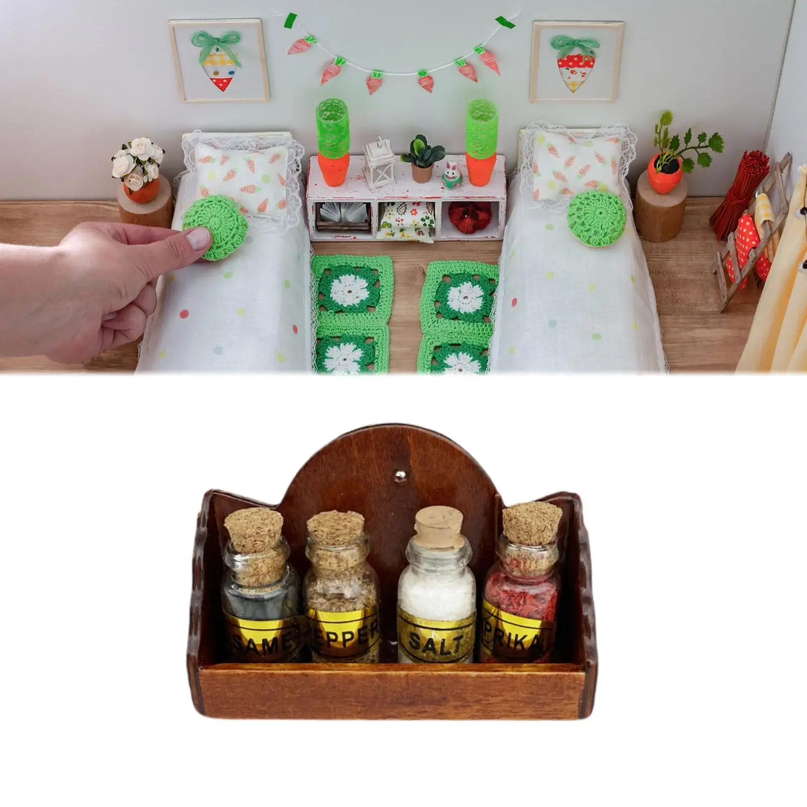 Dollhouse Wall Shelf Mini Furniture Model Organizer Simulation Accessory with 4 Condiment Jars for Life Scene