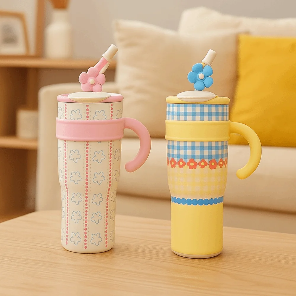 

1200ml Straw Thermos Cup Stainless Steel Double Drinking Straw Thermos Water Bottle Large Capacity with Handle Insulated Cup