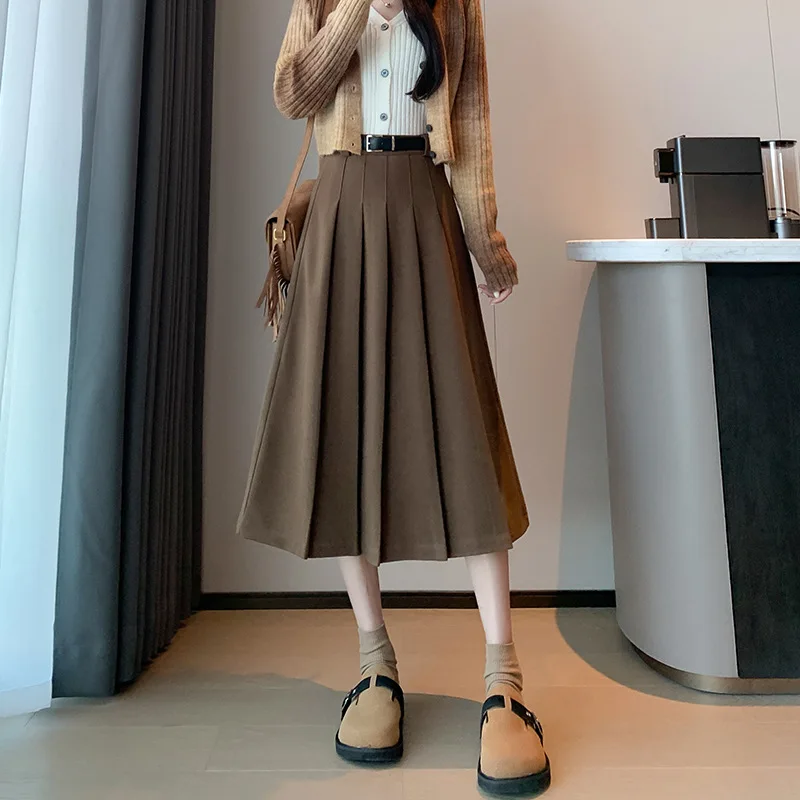 Women's Autumn Winter Thickened High Waist Slim Woolen Pleated Skirt Belt Versatile Retro Midi