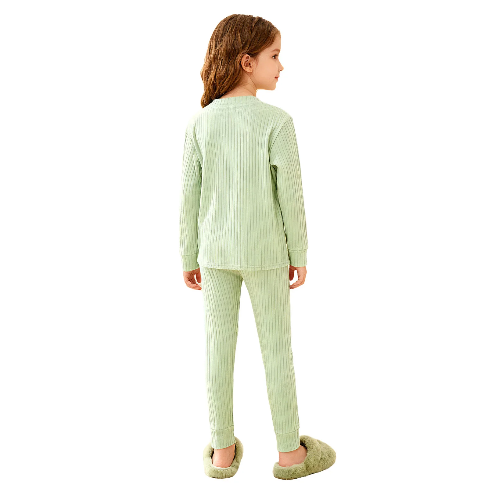 Set di biancheria intima termica a costine da 2 pezzi per ragazze, abbigliamento per la casa, pigiama, pigiama, pullover a maniche lunghe, top + pantaloni, per i giorni scolastici a casa