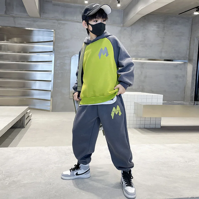 Korean Spring Autumn Children Boy Sport Suit School Boy Contrast Hooded Sweatshirt+Sport Pants Child Outfit Workout Set 5-14Yrs