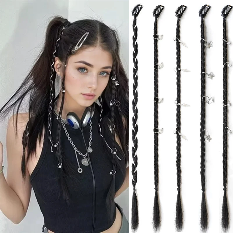 

2pcs Braided Hair Extensions Wig with BB Clip 18In Synthetic Clip-on Hair piece with Accessories False Hair for Women Use