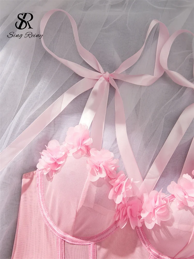 SINGREINY 3D Floral Mesh Sexy Lingerie Suits Bow Strap Slim Corset+Mini Briefs Ladies American Sheer Underwear Two Pieces Sets